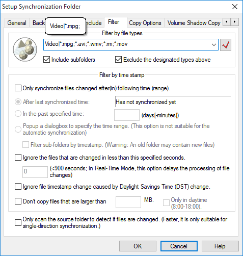 Filter file by extensions and timestamp
